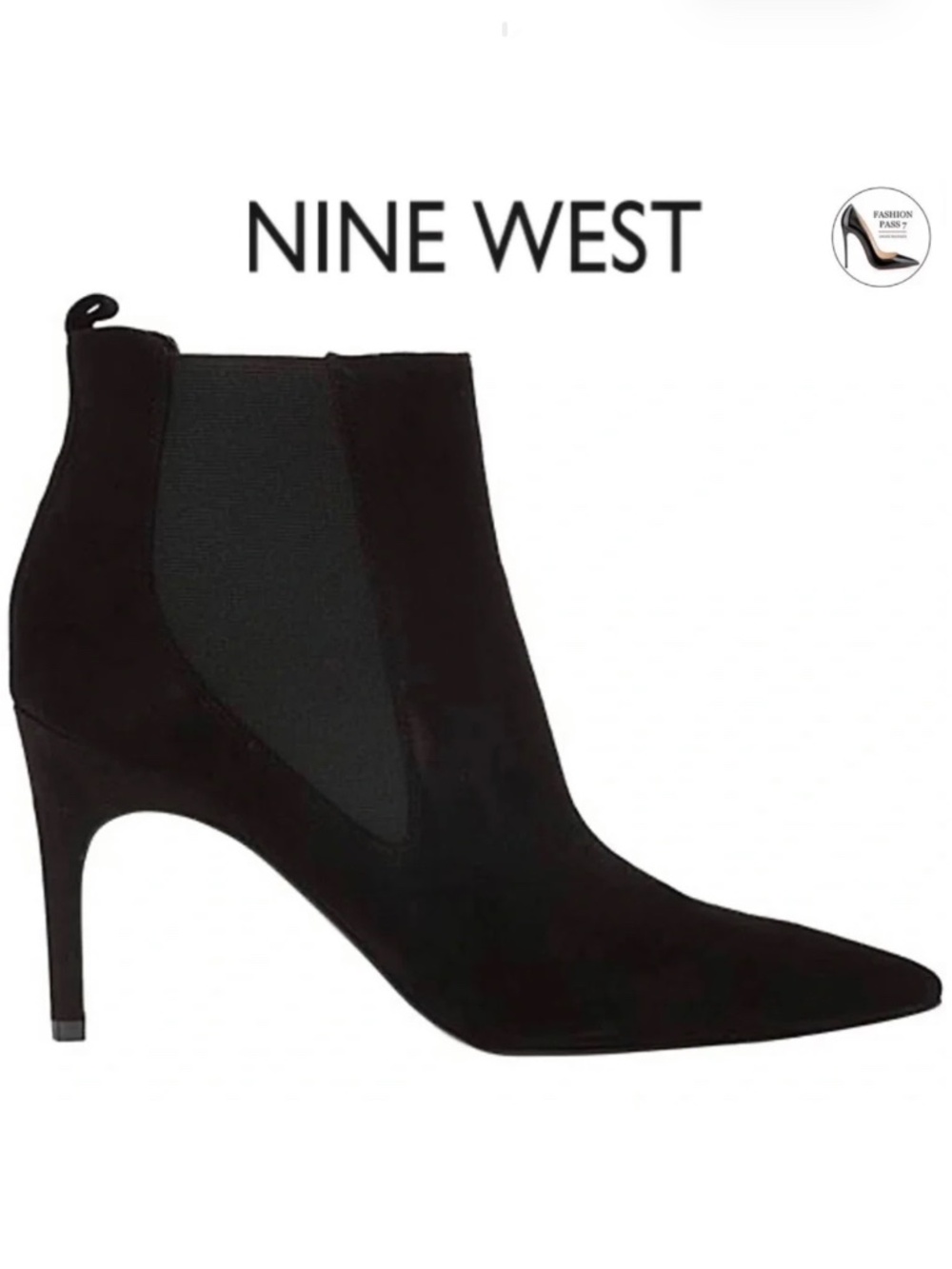 NINE WEST Joliee Black Leather Booties Pointed toe Stiletto Heel Ankle Boots 8.5